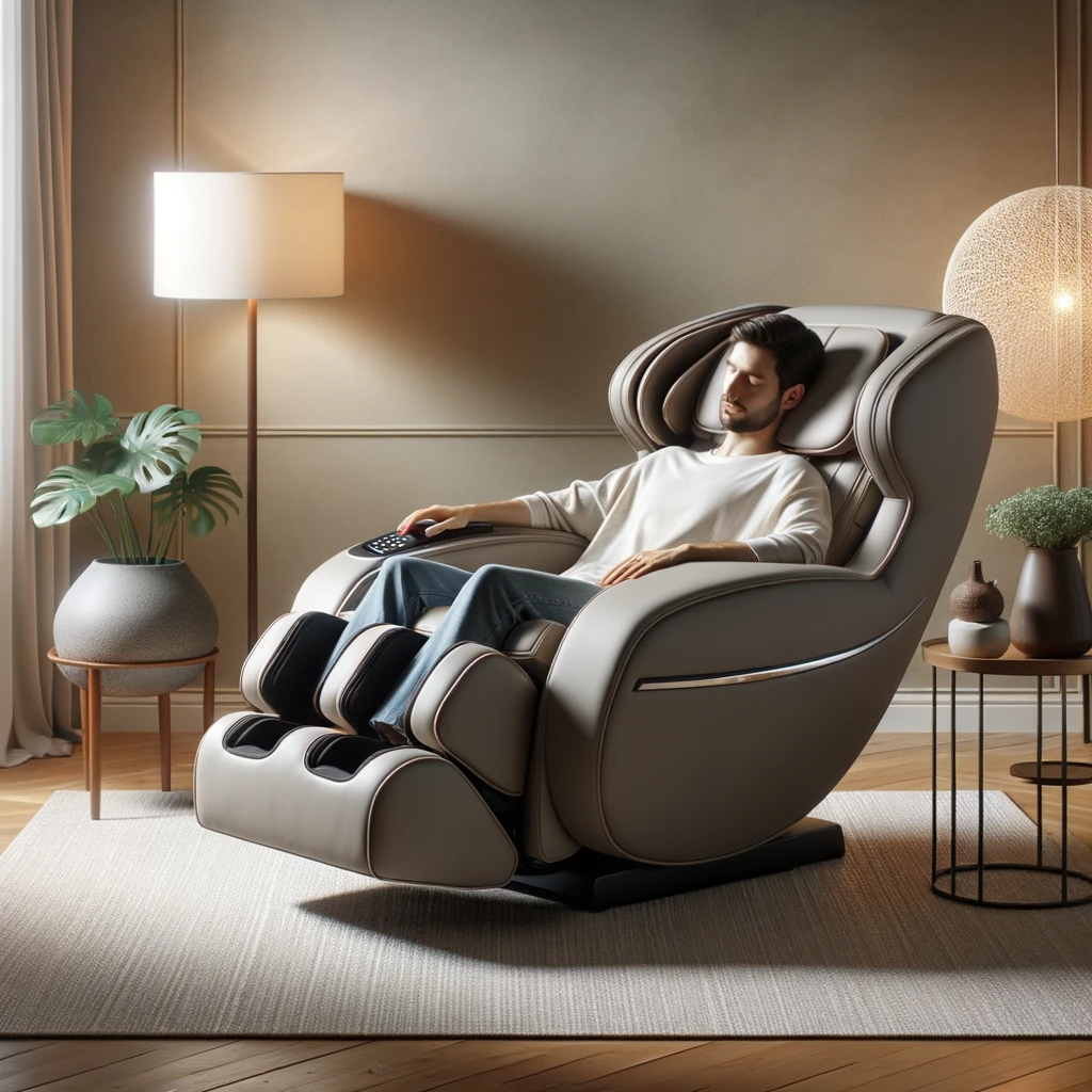 A person reclining in a modern massage chair in a tranquil living room setting, with soft ambient lighting and a side table adorned with a potted plant.